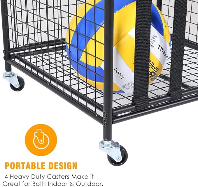 Snail Garage Sports Equipment Storage Organizer Sports Ball Storage Rolling Cart with Basket and Hooks Lockable Sports Ball Cage Storage Rack for Garages, Playgroup, Gym and Schools, Black