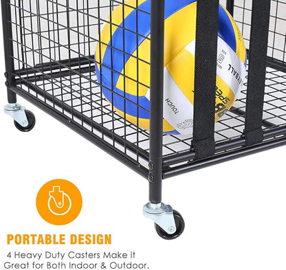 Snail Garage Sports Equipment Storage Organizer Sports Ball Storage Rolling Cart with Basket and Hooks Lockable Sports Ball Cage Storage Rack for Garages, Playgroup, Gym and Schools, Black
