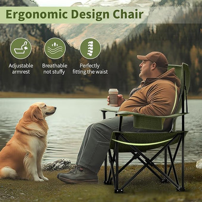 Heavy Duty Folding Chair 500LB Capacity, Oversized Camping Chairs with Cup Holder, Cooler Bag & Storage Pouch, Double-Layer Fabric, Outdoor Chairs for Sports, Lawn Chairs (2, Black Green, Extra Large)