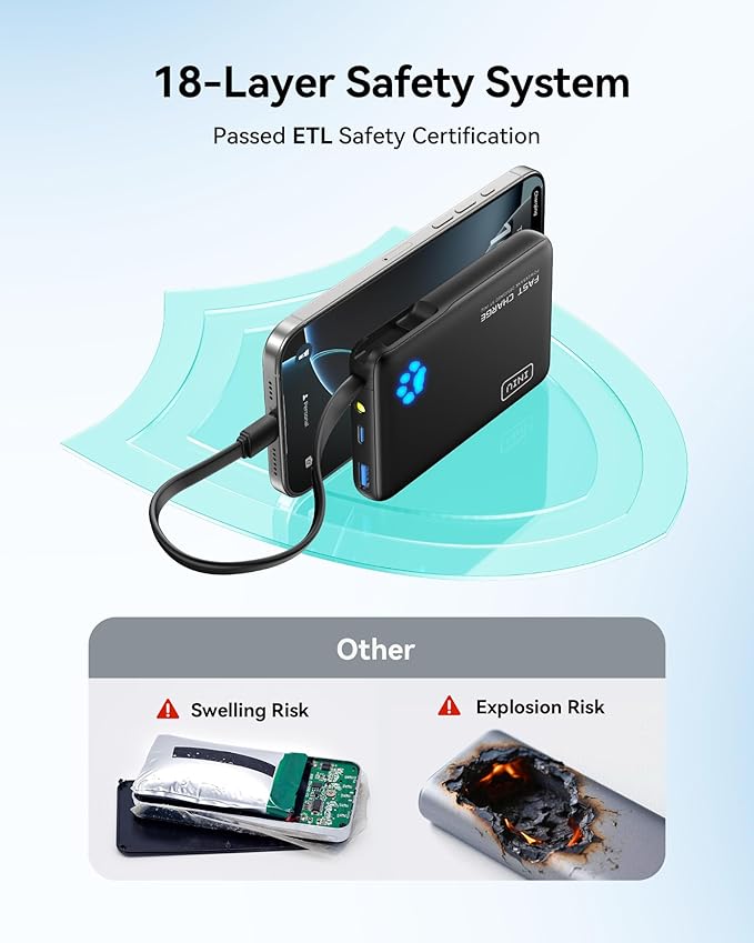 INIU 45W Portable Charger, 10000mAh Built-in USB C Cable Fast Charging Power Bank, Small Type C Battery Pack, Powerbank for iPhone 17 16 15 14, iPad, Samsung S25 S24 etc. Travel Camping Essentials