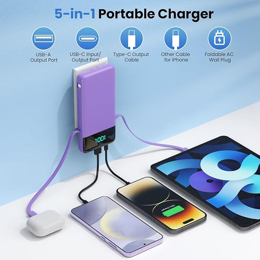 Portable Charger for iPhone with Built in Cables and Wall Plug,Upgraded 13800mAh Fast Charging USB C Power Bank,4 Outputs Travel Essential Battery Pack Compatible with iPhone 15/14/13,Samsung-Purple