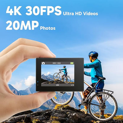 AKASO Brave 4 Action Camera with Waterproof Floating Hand Grip and Carry Bag Bundle - 4K30 20MP Ultra Hd EIS 131ft Underwater Camera 5xZoom Dual Screen with Helmet and Bicycle Accessories Kit