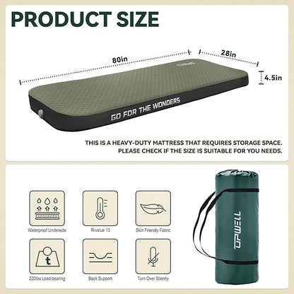 UPWELL Self Inflating Sleeping Pad 4.5" Thickness Camping Mattress with Solid Foam Single Sleeping Mat Portable Fast Inflation for Outdoor Mat Portable Roll Up Bed Green&Black
