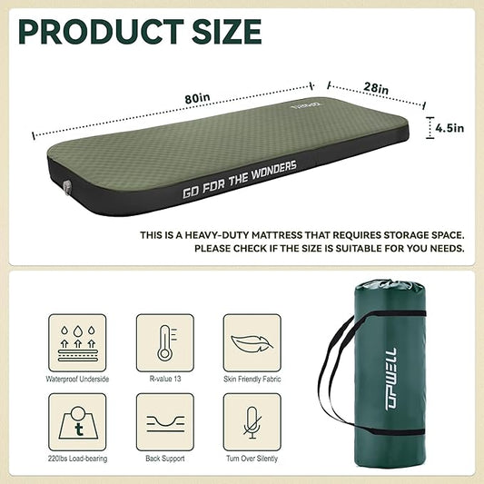 UPWELL Self Inflating Sleeping Pad 4.5" Thickness Camping Mattress with Solid Foam Single Sleeping Mat Portable Fast Inflation for Outdoor Mat Portable Roll Up Bed Green&Black