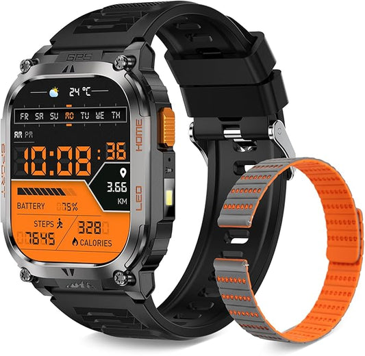 Smart Watch Built-in GPS, 2.01" TFT HD Fitness Watches for Android Phones and iPhone,170+ Sport Modes with Flashlight-Answer/Make Call (Add an Orange Silicone Watch Strap)