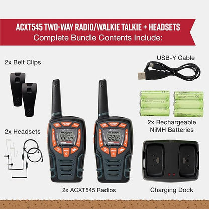 Cobra ACXT545 Weather Resistant Walkie Talkies for Adults with Compatible Cobra Surveillance Headset Microphone: Rechargeable, 22 Channels, Long Range, 2 Two-Way Radio’s, 2 Headsets, Black/Orange