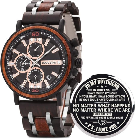BOBO BIRD S18-1 Personalized Engraved Wood Watch Customized Wooden Watches for Husband Boyfriend Birthday Anniversary