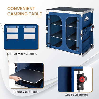 EAGLE PEAK Double Outdoor Folding Camping Table with Large 3-Tier Storage Organizer and Side Pockets, Easy Set Up Portable Aluminum Camping Kitchen, Blue