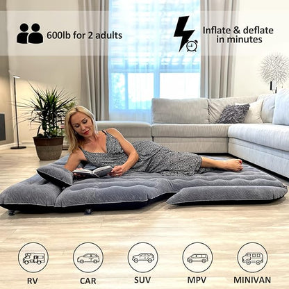 Umbrauto SUV Camping Air Mattress| Flocked Car Sleeping Bed with Reinforced Bottom| Back Trunk Inflatable Airbed for Vans| Includes Electric Pump, Pillows, Repair Patch & Carry Bag