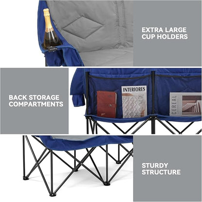 Double Camping Chairs Oversized Loveseat - 2 Person Camping Chair Portable Lawn Folding Chair for Outside Adults - Heavy Duty Outdoor Camping Couch with Cup Hold, Blue