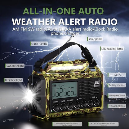 Emergency Weather Radio,12000mAh/44400mWh Solar Hand Crank AUTO NOAA Alert/AM/FM/SW Shortwave Radio with Type-C Charger, Battery Operated Radio,Reading Lamp, SOS & Flashlight for Emergencies