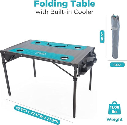 Creative Outdoors Folding Table with Built-in Cooler - Outdoor Portable Camping Table with 4 Cup Holders and Durable Steel Frame - Quality Material (Teal/Gray)
