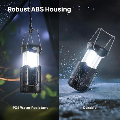 2 Pack Collapsible LED Camping Lantern, Consciot USB C Rechargeable and Battery Powered 2-in-1 Emergency Light with Flashlight and Magnetic Base, Power Outages Hurricane Supplies Survival Kits,Black