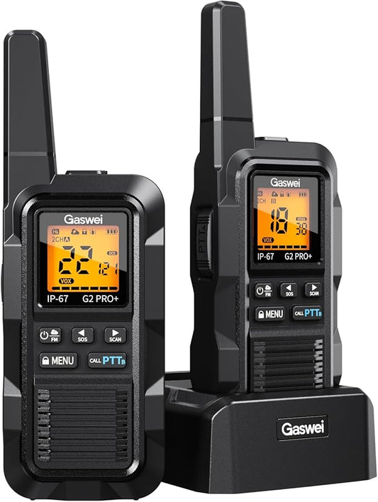 G2pro+ Heavy Duty Walkie Talkies for Adults，Rechargeable Long Range Two Way Radios 2 watts ，NOAA Weather，FM Radio，IP67 Waterproof，VOX ，Double PTT，Li-ion Battery (2 Pack - Black)
