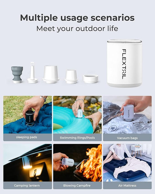 FLEXTAILGEAR Portable Air Pump with Camping Lantern Tiny Pump 2X 4kPa Air Pump for Inflatables Rechargeable Air Mattress Pump with Magnetic Design for Sleeping Pads, Pool Floats, Swimming Rings(White)
