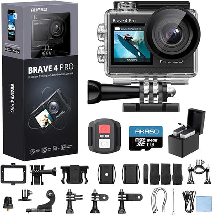 AKASO Brave 4 Pro 4K30 Action Camera with 64GB MicroSD U3 Card, 131FT Underwater Waterproof Camera EIS Touch Screen Remote Control with 2x1350mAh Batteries and Helmet Accessories Kit Bundle
