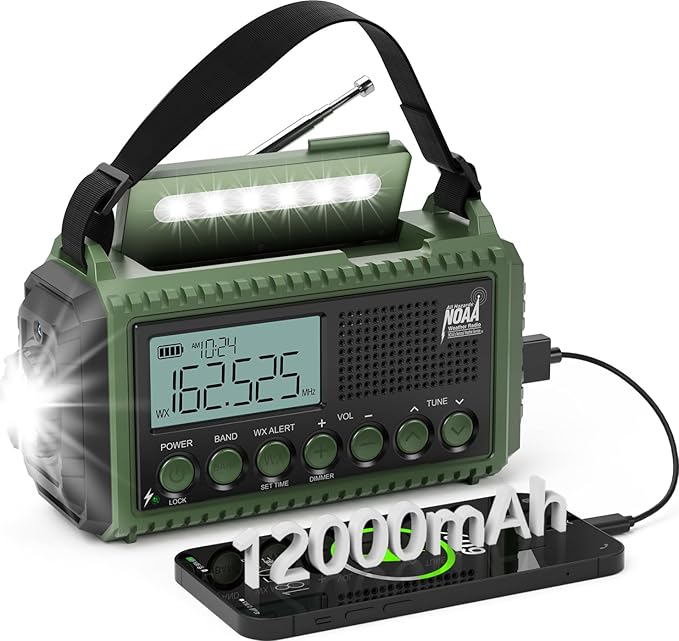 Emergency Weather Radio 12000mAh - Solar Hand Crank NOAA Weather Alert Radio with AM/FM/SW, Rechargeable Battery Charger, Flashlight, Reading Lamp & SOS Alarm, Portable Radio for Emergencies & Outdoor
