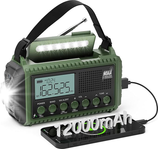 Emergency Weather Radio 12000mAh - Solar Hand Crank NOAA Weather Alert Radio with AM/FM/SW, Rechargeable Battery Charger, Flashlight, Reading Lamp & SOS Alarm, Portable Radio for Emergencies & Outdoor