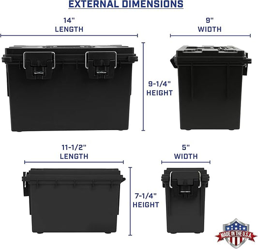Sheffield 12706 2-Pack Combo Ammo Storage Boxes, .30 Cal and .50 Cal Field Boxes, Water and Dust Resistant, Lockable Storage Box with Handle for Hunting Gear and Bullets, Made in the USA, Black