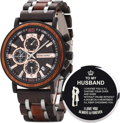 BOBO BIRD S18-1 Personalized Engraved Wood Watch Customized Wooden Watches for Husband Boyfriend Birthday Anniversary