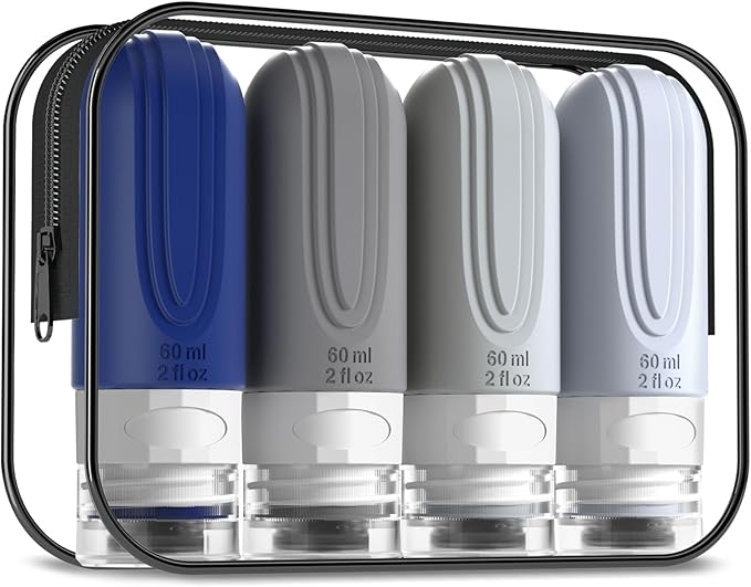 Travel Bottles for Toiletries, Tsa Approved 2oz Travel size Bottles, BPA Free Leak Proof Travel Toiletry Containers, Refillable Travel Accessories with Toiletry Bag for Shampoo Liquid (4 Pack)