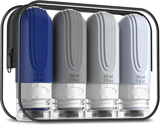 Travel Bottles for Toiletries, Tsa Approved 2oz Travel size Bottles, BPA Free Leak Proof Travel Toiletry Containers, Refillable Travel Accessories with Toiletry Bag for Shampoo Liquid (4 Pack)