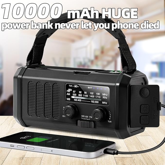 Hand Crank Emergency Radio,37000mWh Solar Powered Portable NOAA AM FM Weather Radio with 3Mode Flashlight and Reading Light,Cell Phone Charger,Home and Emergency Distress Signal (Black)