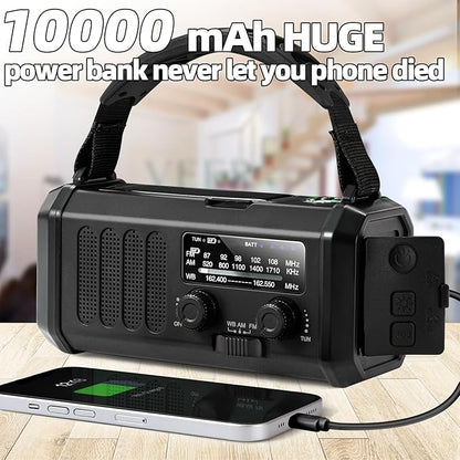 Hand Crank Emergency Radio,37000mWh Solar Powered Portable NOAA AM FM Weather Radio with 3Mode Flashlight and Reading Light,Cell Phone Charger,Home and Emergency Distress Signal (Black)