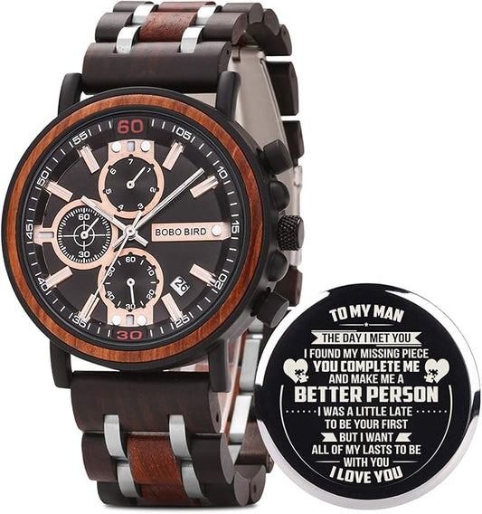 BOBO BIRD S18-1 Personalized Engraved Wood Watch Customized Wooden Watches for Husband Boyfriend Birthday Anniversary