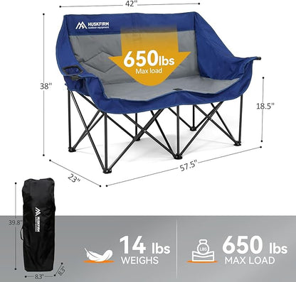 Double Camping Chairs Oversized Loveseat - 2 Person Camping Chair Portable Lawn Folding Chair for Outside Adults - Heavy Duty Outdoor Camping Couch with Cup Hold, Blue