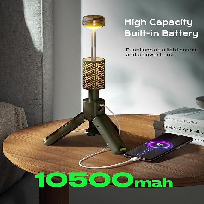 Camping Light, Telescopic Camping Lantern with Storage Bag, Collapsible, Magnetic, 10500mAh Battery, Rechargeable Outdoor Portable Lights for Hiking, Fishing, and Travel (Dark Green)