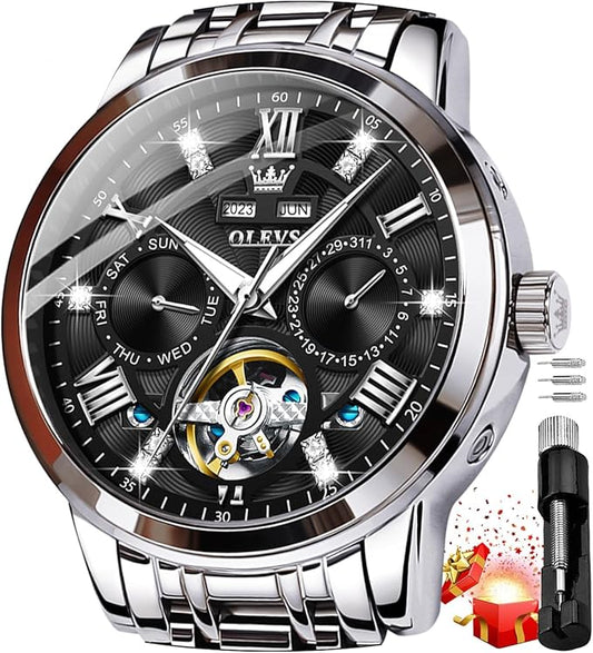 OLEVS Mens Automatic Watches Gold Luxury Diamond Dress Self Winding Mechanical Skeleton Tourbillon Stainless Steel Wrist Watch