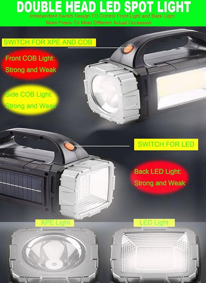 Solar Rechargeable LED Soptlight Flashlight, Super Bright 7000LM Handheld LED Searchlight, Multifunctional Camping Lantern Light, 8 Light Modes, Waterproof IPX4, Power Bank, for Emergency, Home