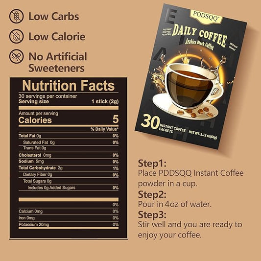 Instant Coffee Packets, Organic Medium Roast Arabica Coffee Beans, Sugar Free Hot or Iced Black Coffee Bulk 30 Count Single Serve (2oz / 60g)