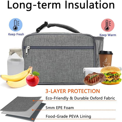 Insulated Lunch Box for School, Thermal Reusable Durable Freezable Lunch Bags for Kids Boys Girls Men Women - Small Soft Cooler Portable Lunch Tote Kit for Work Picnic Travel,Grey