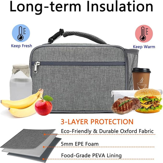 Insulated Lunch Box for School, Thermal Reusable Durable Freezable Lunch Bags for Kids Boys Girls Men Women - Small Soft Cooler Portable Lunch Tote Kit for Work Picnic Travel,Grey