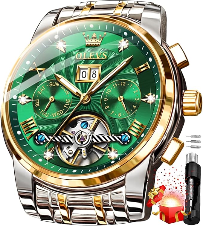 OLEVS Mens Automatic Watches Gold Luxury Diamond Dress Self Winding Mechanical Skeleton Tourbillon Stainless Steel Wrist Watch