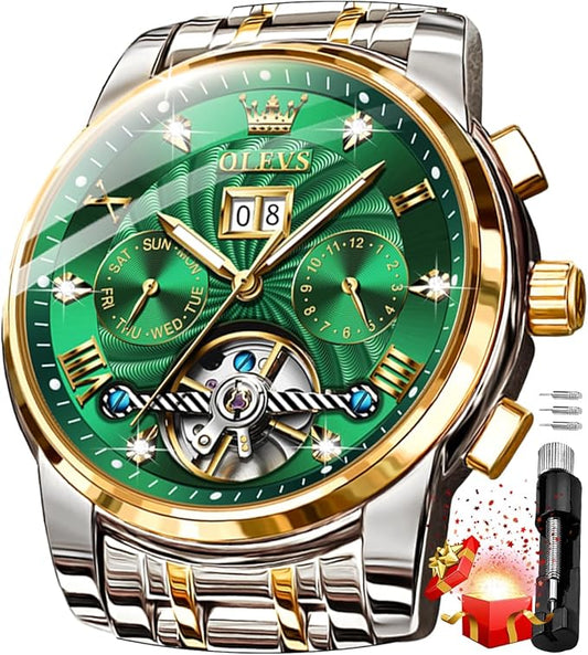 OLEVS Mens Automatic Watches Gold Luxury Diamond Dress Self Winding Mechanical Skeleton Tourbillon Stainless Steel Wrist Watch