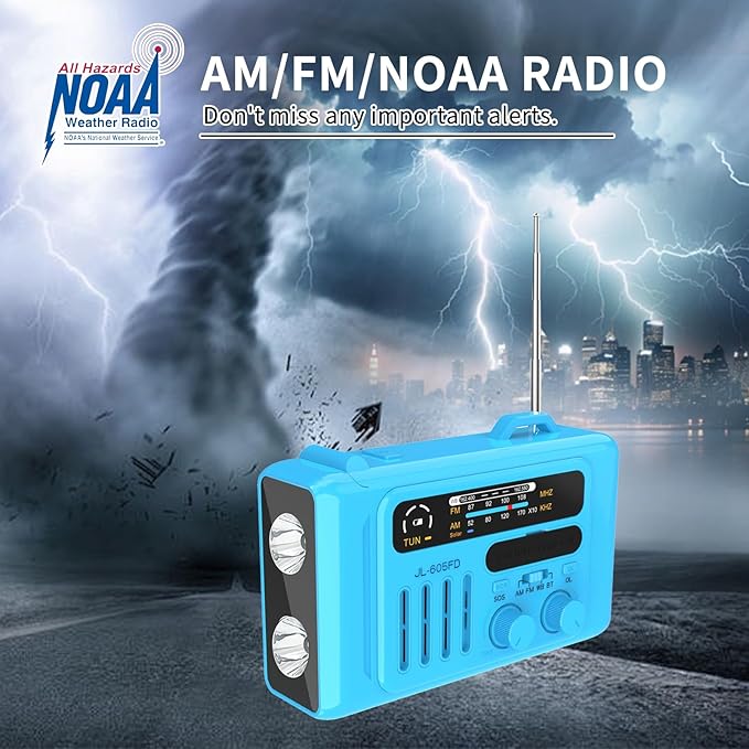 Solar Hand Crank Emergency Radio,NOAA/AM/FM with LED Flashlight & Reading Lamp,USB Type-C/Solar/Hand Crank Charging,Bluetooth Speaker,SOS Alarm&Compass for Camping Indoor Outdoor Emergencies