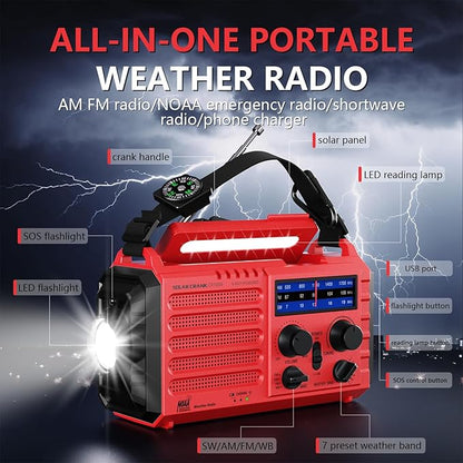 Emergency Solar Hand Crank Radio, AM/FM/SW NOAA Weather Alert Radio, Flashlight, Reading Lamp, SOS Alarm for Survival Home Outdoor Hurricane