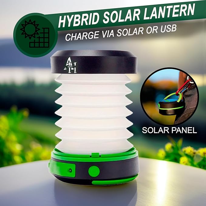 Solar Camping Lantern - LED Lanterns for Power Outages, Camping Lights, Emergency Flashlight - Collapsible Lamp, Rechargeable W/ Solar or Plug
