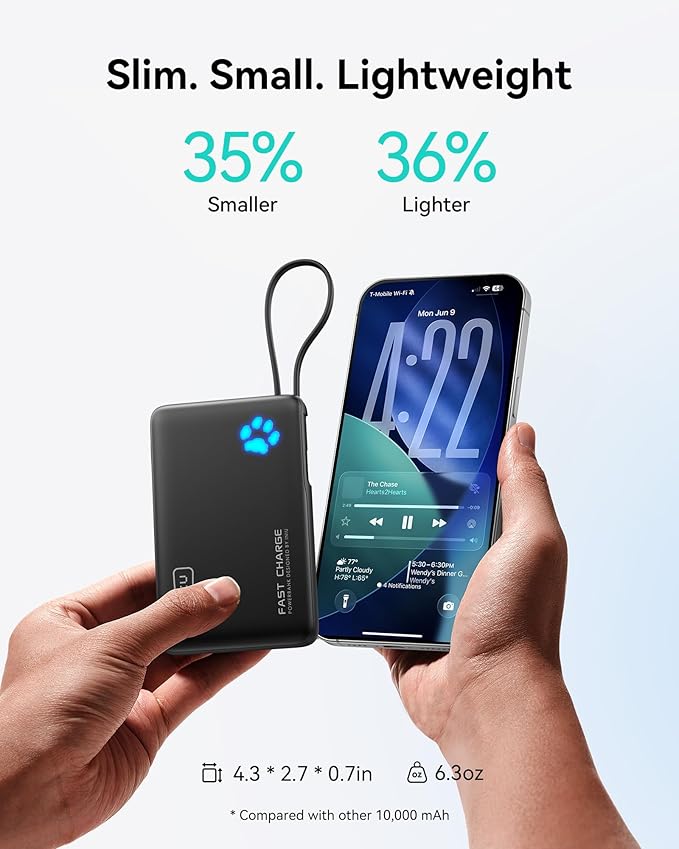 INIU 45W Portable Charger, 10000mAh Built-in USB C Cable Fast Charging Power Bank, Small Type C Battery Pack, Powerbank for iPhone 17 16 15 14, iPad, Samsung S25 S24 etc. Travel Camping Essentials
