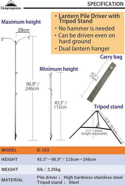 camping moon CAMPINGMOON Heavy Duty Stainless Steel Lantern Pile Driver Height Adjustable with Tripod Stand and Storage Bag D-240, D-243