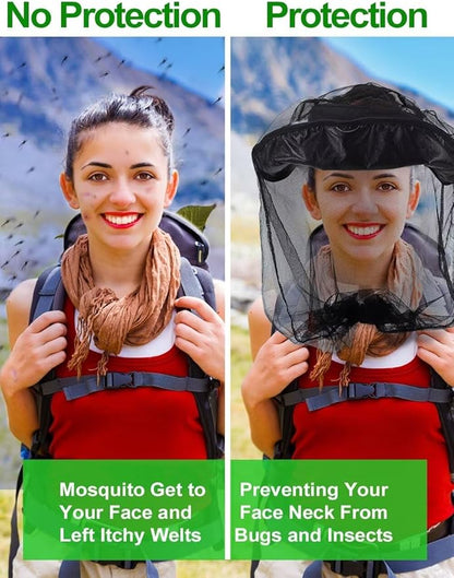 wohohoho Mosquito Head Net Mesh with Drawstring, Bug Face Netting for Hats, Mesh Face Shield for Men & Women Screen Net for Any Outdoor Lover Midges, Bugs & Gnats (4 Packs, Black Colors, Updated Size)
