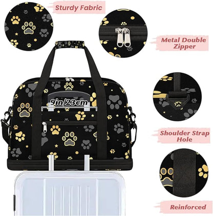 Dog Paw Print Foldable Travel Duffel Bag, Expandable Sports Gym Bag with Shoes Compartment Weekender Overnight Totes Bags for Women Men