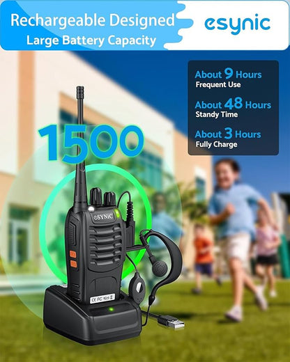 eSynic 4 Pack Professional Walkie Talkies VOX Walky Talky 5KM Long Range 2 Way Radio Rechargeable 16CH Handheld Radio with 4 Headsets for Camping/Hiking/Family/Job Site As Gifts for Kids& Adults
