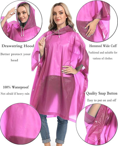 Reusable Rain Ponchos with Drawstring Hood for Adults, Waterproof Thicken Rain Coat, 2 Packs