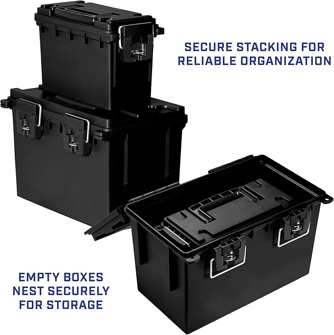Sheffield 12706 2-Pack Combo Ammo Storage Boxes, .30 Cal and .50 Cal Field Boxes, Water and Dust Resistant, Lockable Storage Box with Handle for Hunting Gear and Bullets, Made in the USA, Black