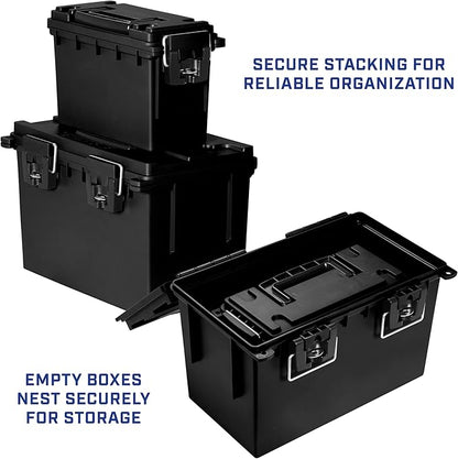 Sheffield 12706 2-Pack Combo Ammo Storage Boxes, .30 Cal and .50 Cal Field Boxes, Water and Dust Resistant, Lockable Storage Box with Handle for Hunting Gear and Bullets, Made in the USA, Black