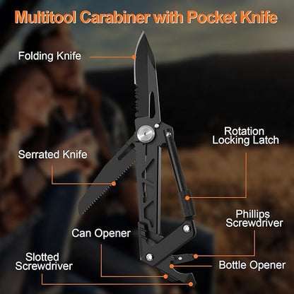 Multitool Carabiner with Pocket Knife, EDC Gear with Folding Knives, Bottle Opener, Window Breaker And Screwdriver, Fishing Gifts for Men Unique, Tactical Survival Gear for Camping And Hiking